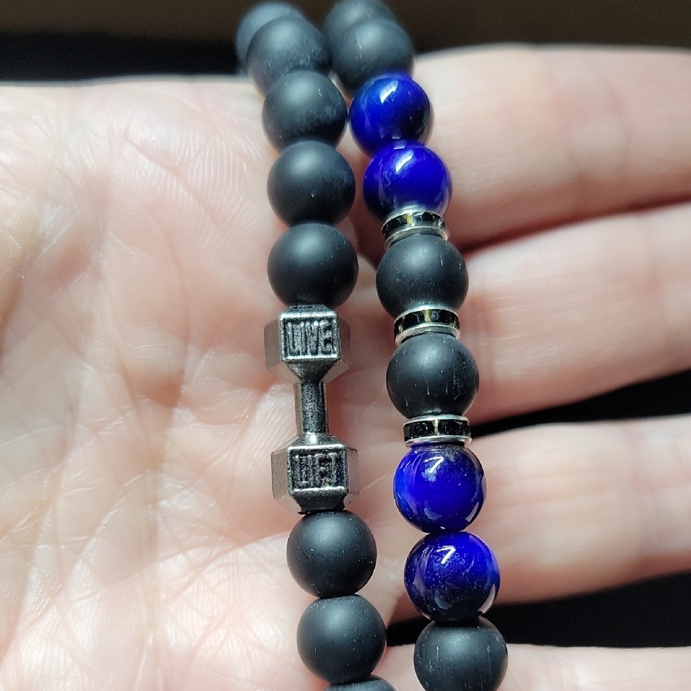 Mens Black and Lapis Lazuli Beaded Bracelet Set With Dumbbell Charm